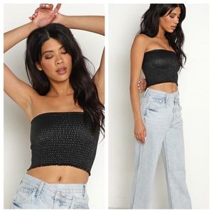 Commando faux leather smocked black strapless tube top